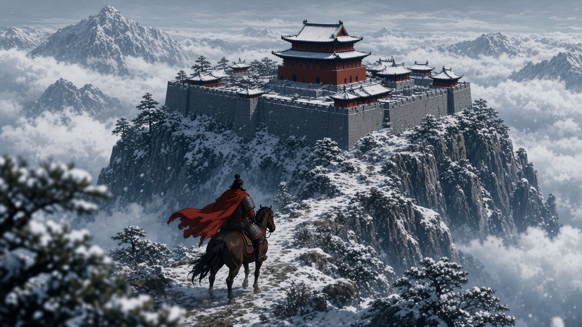 Dutch crane: one rider below the snowy Yeon mountain fortress
