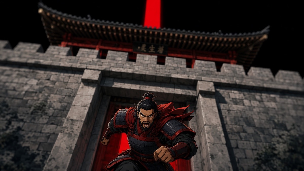 Worm’s-eye title stamp: Gesomun bursting a Pyongyang doorway against a hard red #C30000 slash