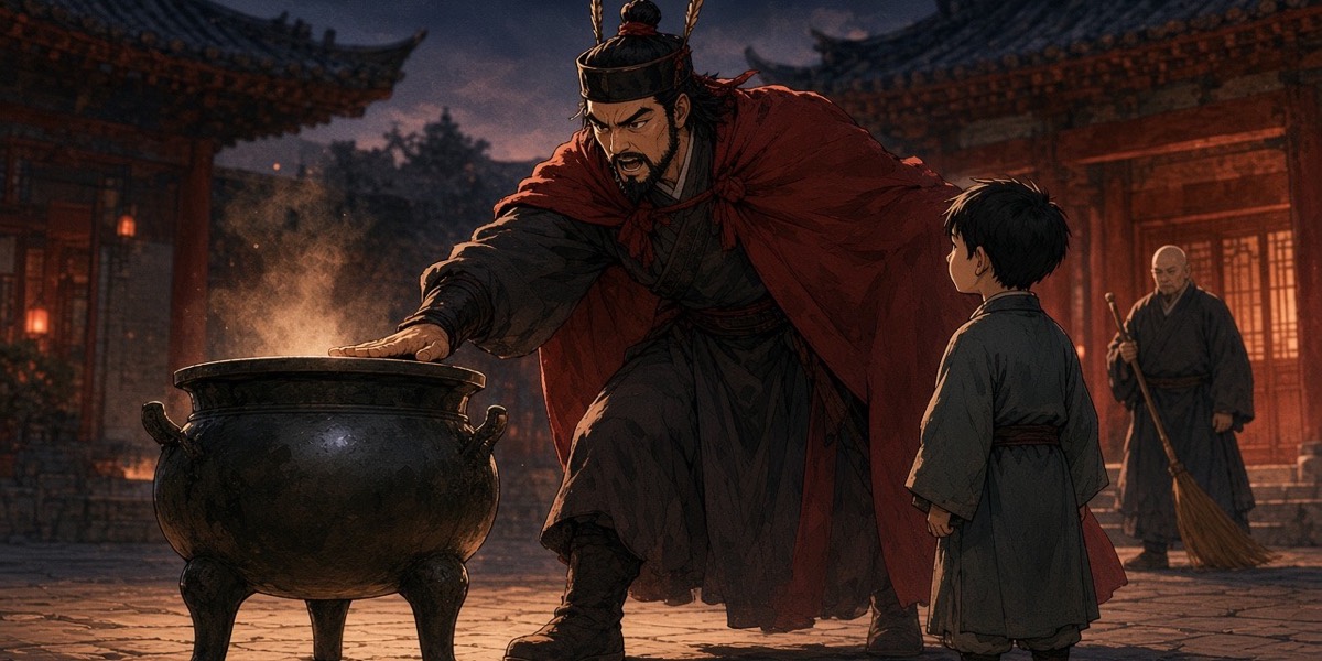 Yeon Gesomun slaps a palm on the three-legged bronze cauldron in the Academy yard while his small son looks up.