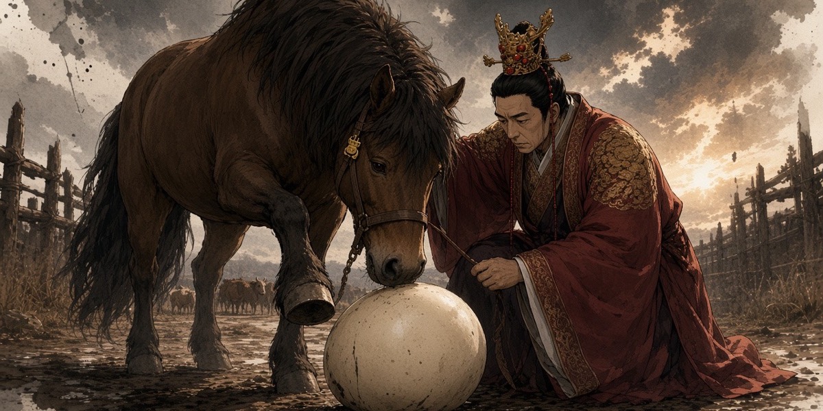 Poster key art: the brown horse Gonyeon stands over Yuhwa’s egg in the road while King Geumwa, holding its halter, stares down at the egg it will not step on
