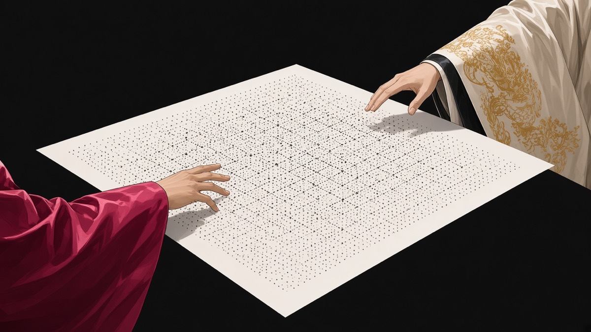 A huge corner-cropped go board in a black void; magenta sleeve and cream-gold sleeve at opposite corners
