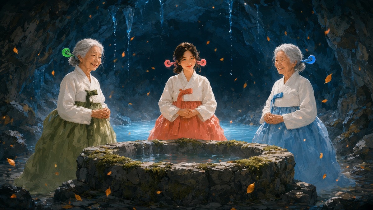 Three crones at a well that is not a well — fire, water, leaves silk hints