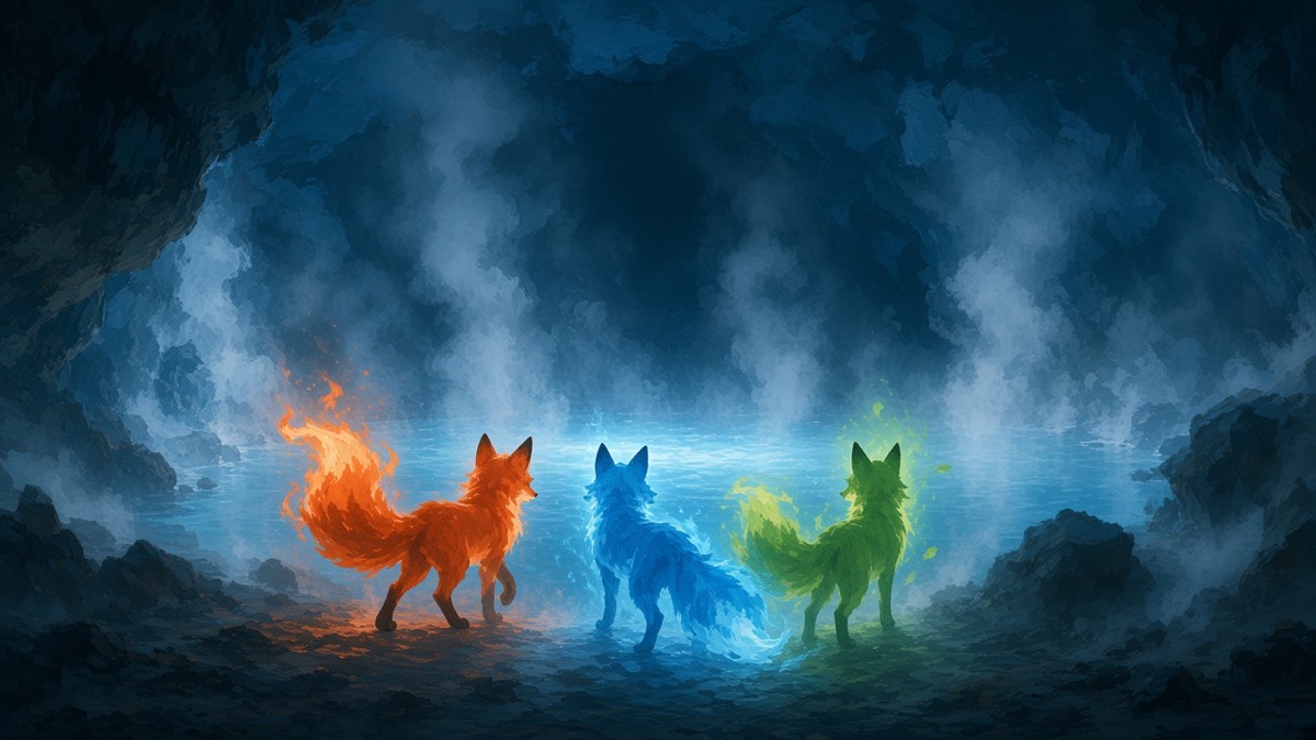 Three foxes in cavern steam — fire, water, leaves tails — form-forward shapeshift