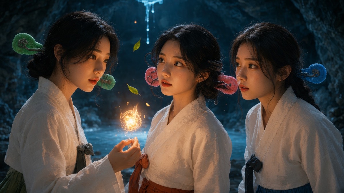 Three goddesses turning together toward the man in their water — fire, water, leaves