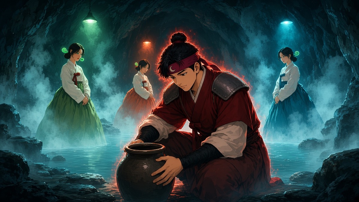 Three photoreal goddesses in steam meeting painterly Bupmin, twenty-one, jar at the lip