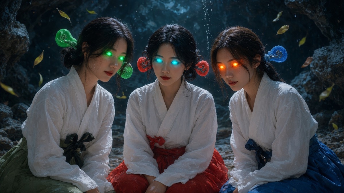 Three goddesses pronouncing — entire eyes solid green, cyan, ember
