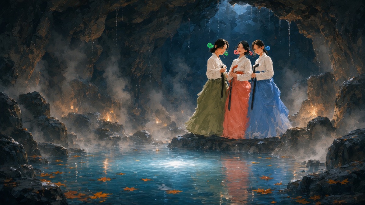 Three settled young goddesses on the far rock — house hanbok, binyeo, fire water leaves