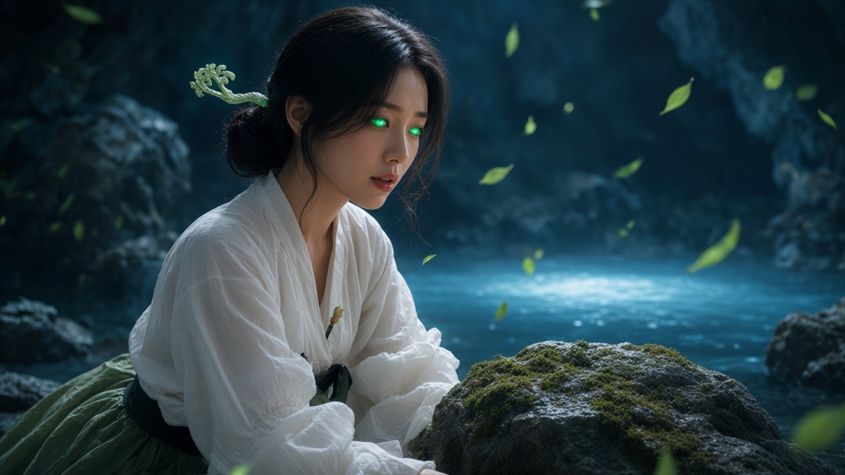 Narim pronouncing the boy — entire eyes solid emerald, leaves in steam