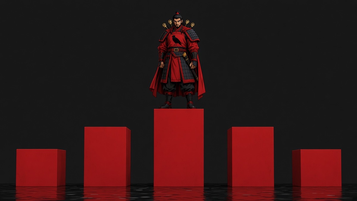 Five unequal red stone blocks on a wet black floor — Yeon Gesomun a small figure in silky red court-military on the tallest only