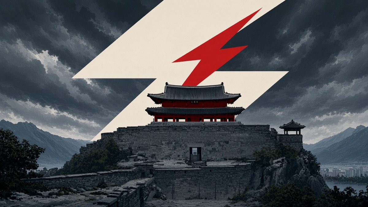 The same red two-tier Pyongyang munru on the ridge — storm-cream clouds, grey stone