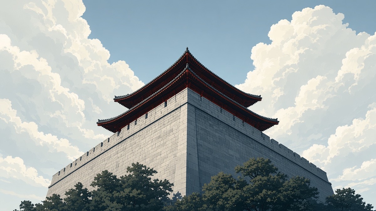 Low-angle: the same red Pyongyang munru growing from the grey ridge, not a fantasy tower