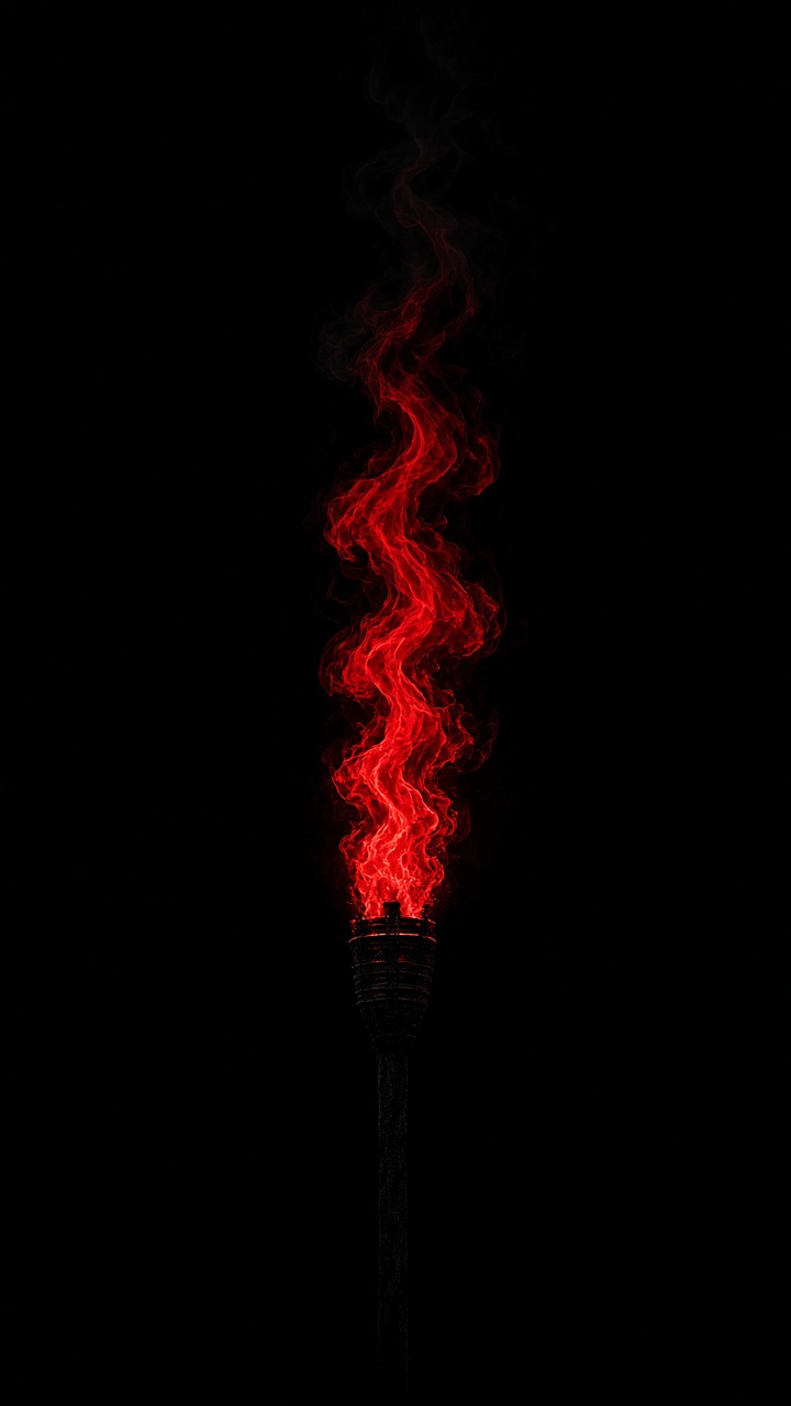 A single torch burning with Goguryeo red flame in darkness - resistance lives on