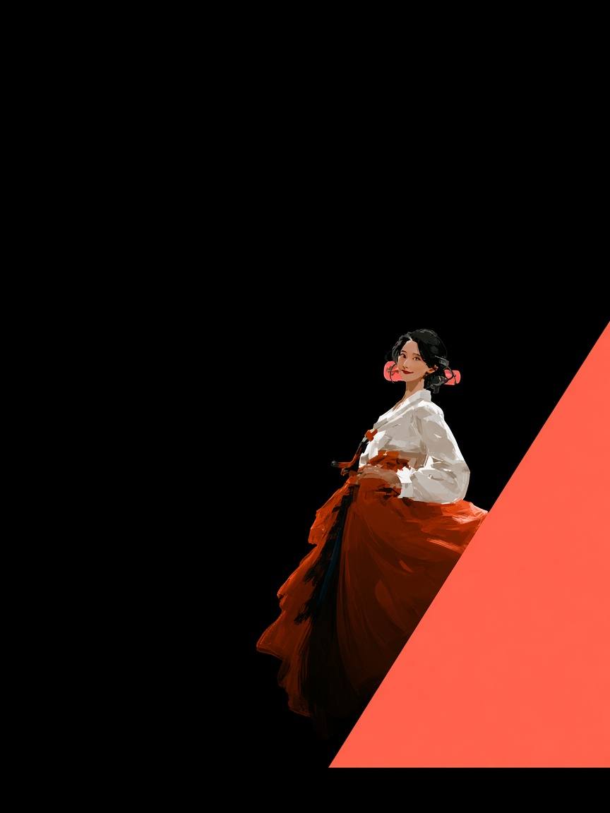 Golhwa leaning into a coral flame-wedge punching up from the lower-right of a black void