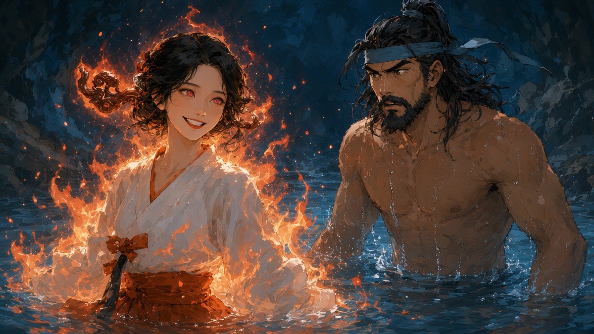 Golhwa wading up to bare bathing Seohyun — coral-flame binyeo, fire steam off skin