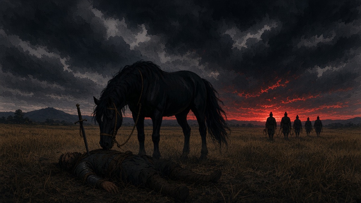 At dusk on the vast yellow plain the black horse stands alone over a fallen shape as six tiny grooms approach with ropes