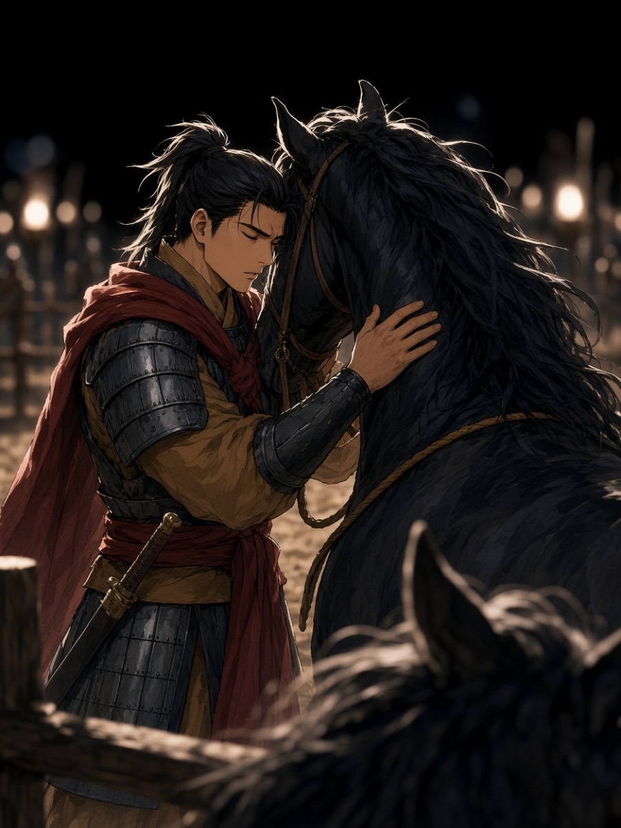 Gyebek in armor presses his forehead to the black horse's neck, eyes shut, counting