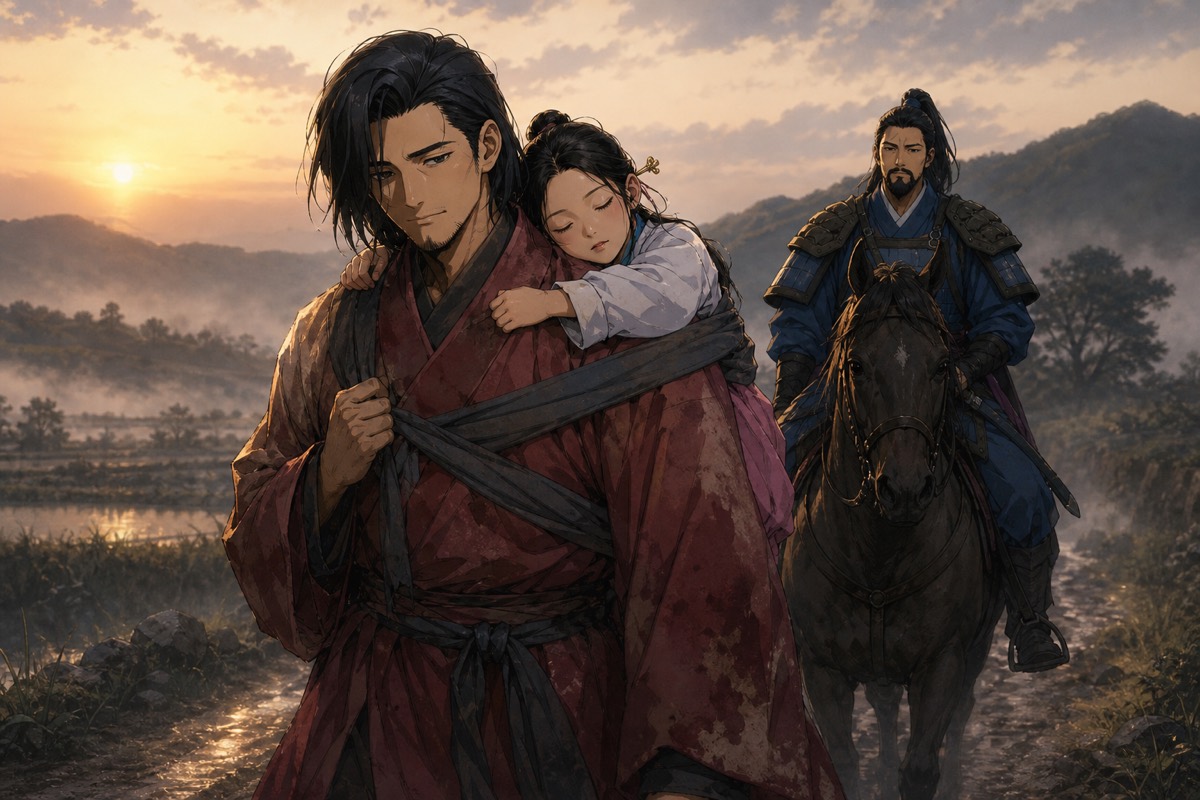 Chunchu carries young Gotaso on his back down the long road home at dawn, Yushin riding escort behind