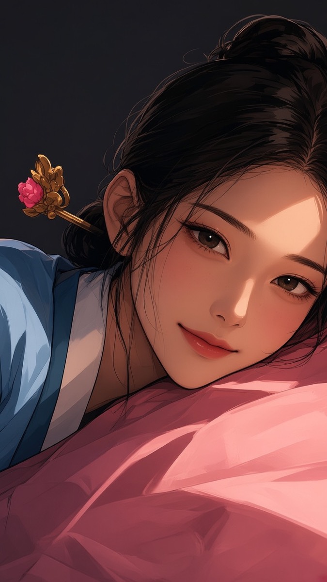 Dim close: Gotaso’s face fills the frame, looking with unguarded love — pink silk, one blue sleeve-edge