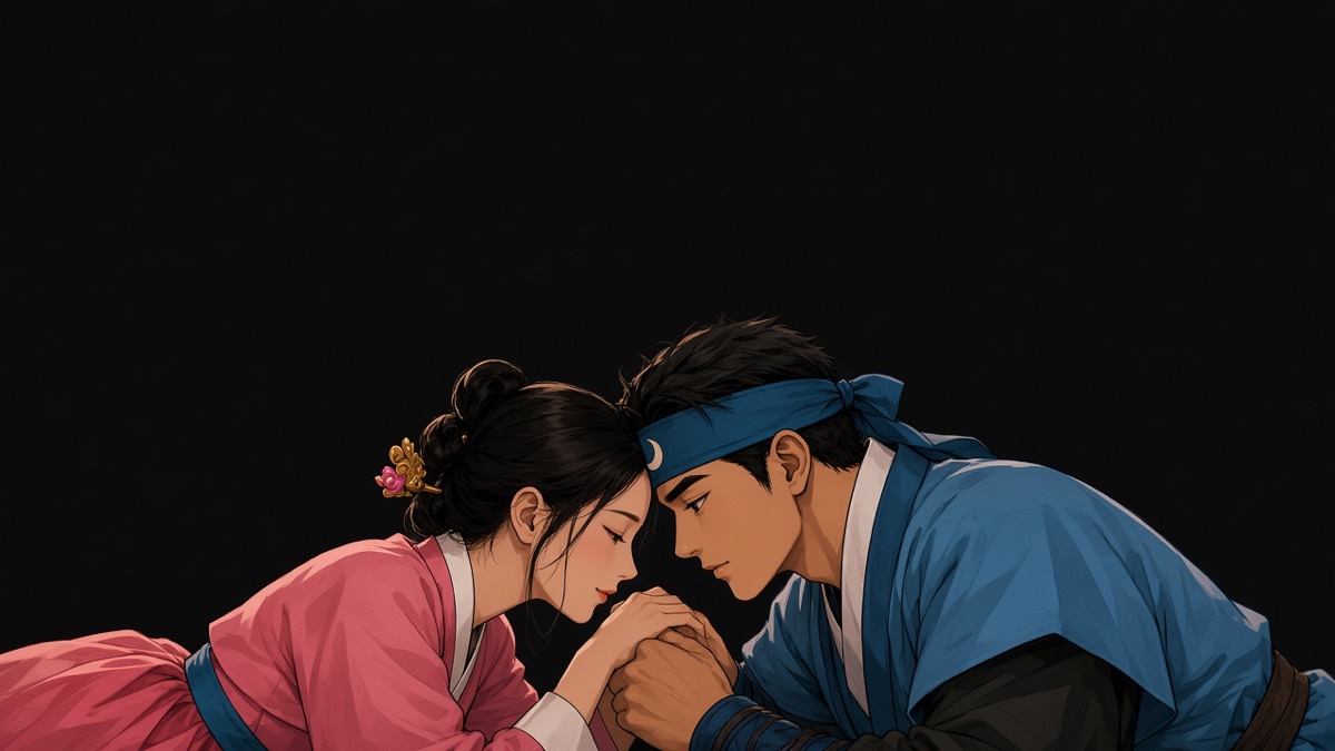 Tender two-shot: Gotaso and Pumsuk close in dim light — forehead warmth, her wrist in his hands, not a feast