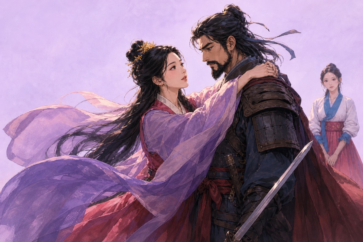 The young couple embrace, radiant, while a woman in ceremonial robes watches alone from a distance