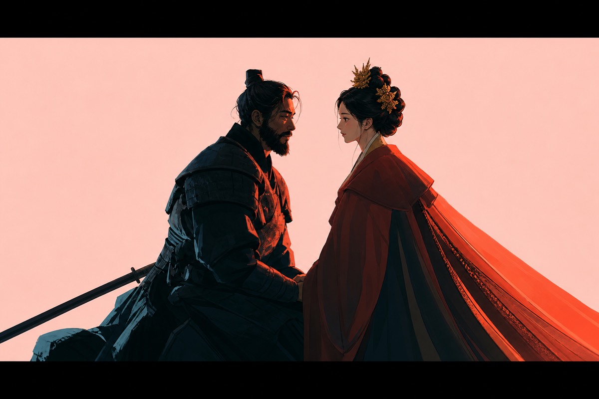 Gotaso in red wedding robes and Pumsuk in armor, face to face in silhouette