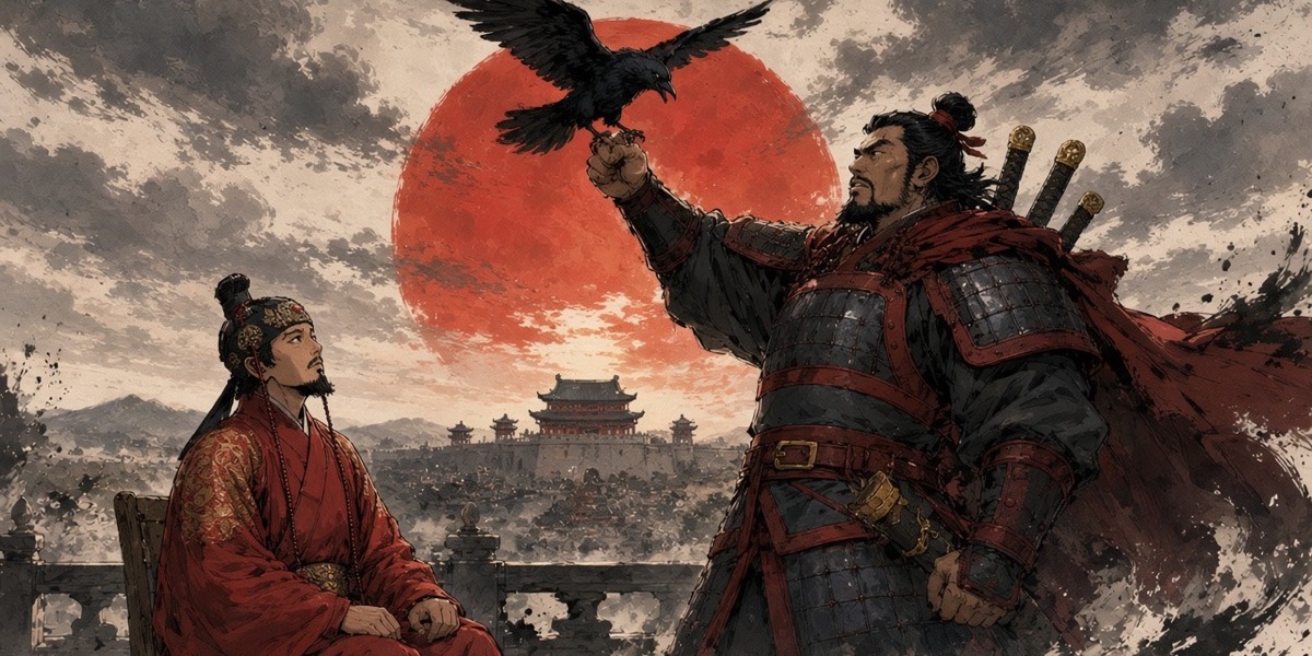 Poster key art before a red winter sun: the three-legged crow lands on Yeon Gesomun's raised armored forearm while the new King Bojang, seated below, looks up at it