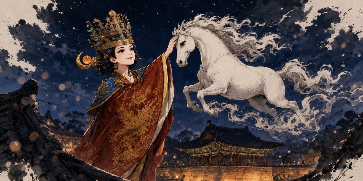 Poster key art: Queen Sunduk on the night of her crowning lays her palm on the brow of the wingless white heavenly horse as it comes down out of the stars over Seorabeol