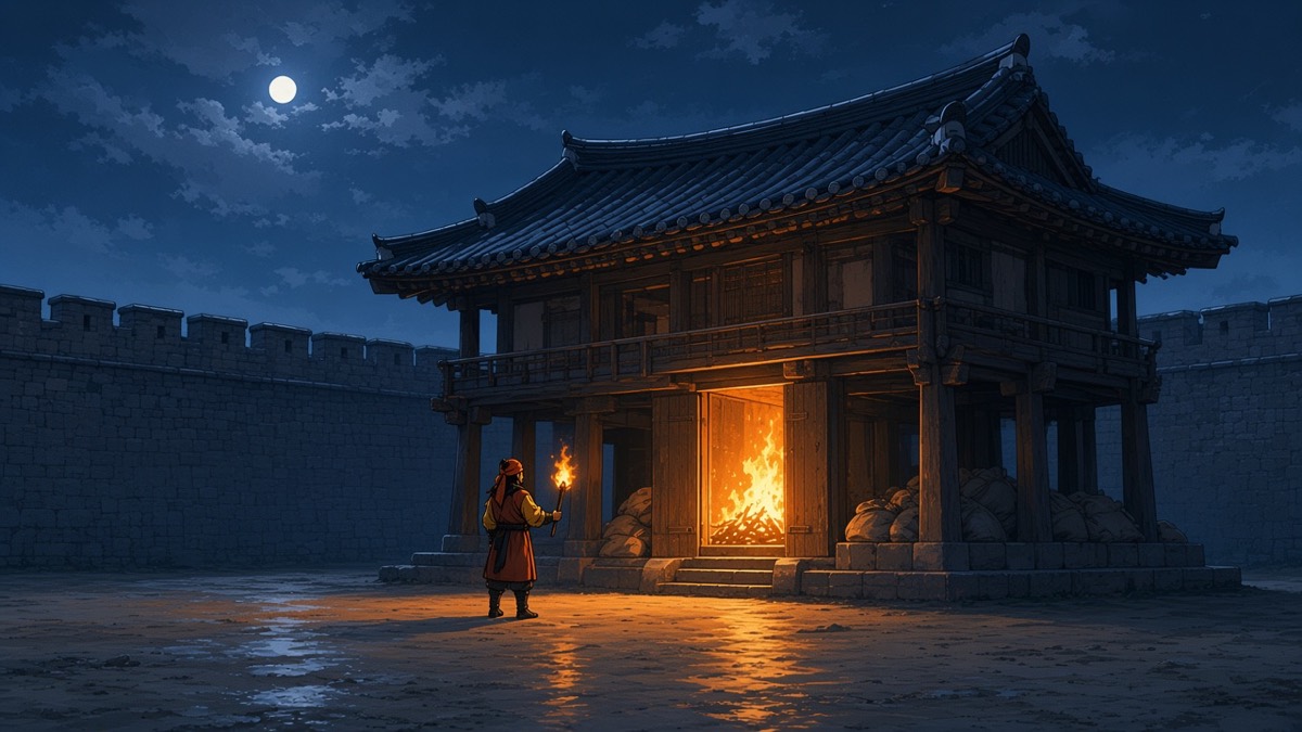 Night Daeya yard: a real timber granary on posts burns through its grain-door; tiny yellow-sleeve Gumil with a torch