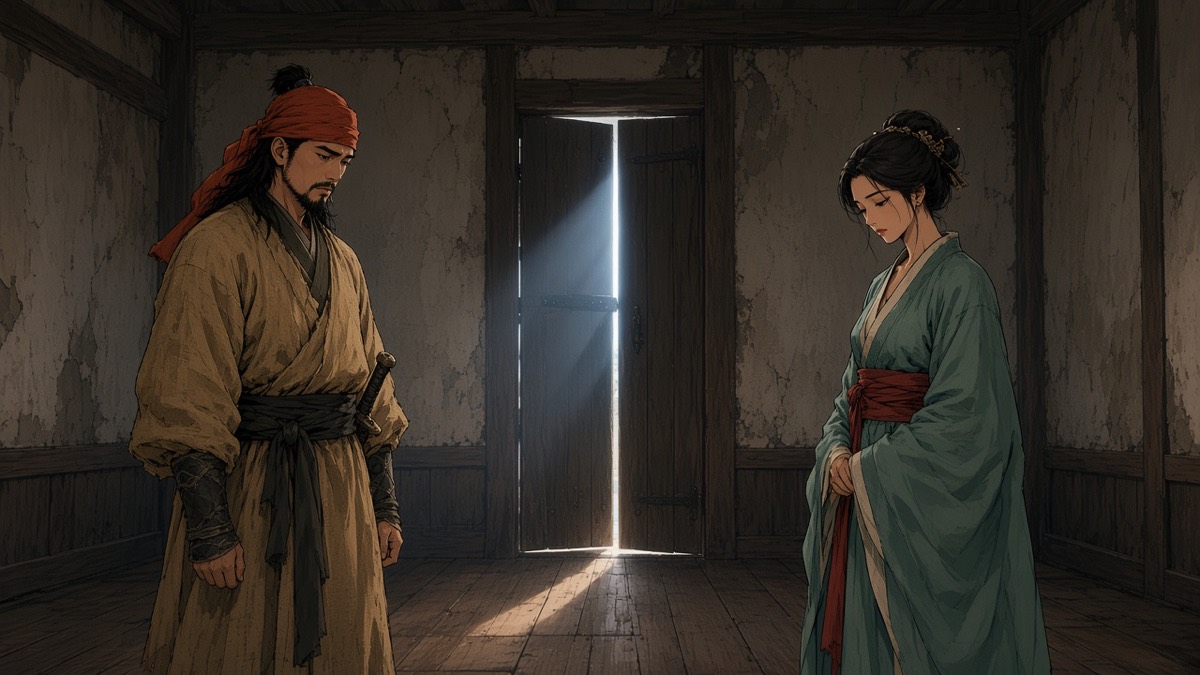 Solemn dawn: Gumil and Maehwa do not touch — a hard door-slit between them after the cheat