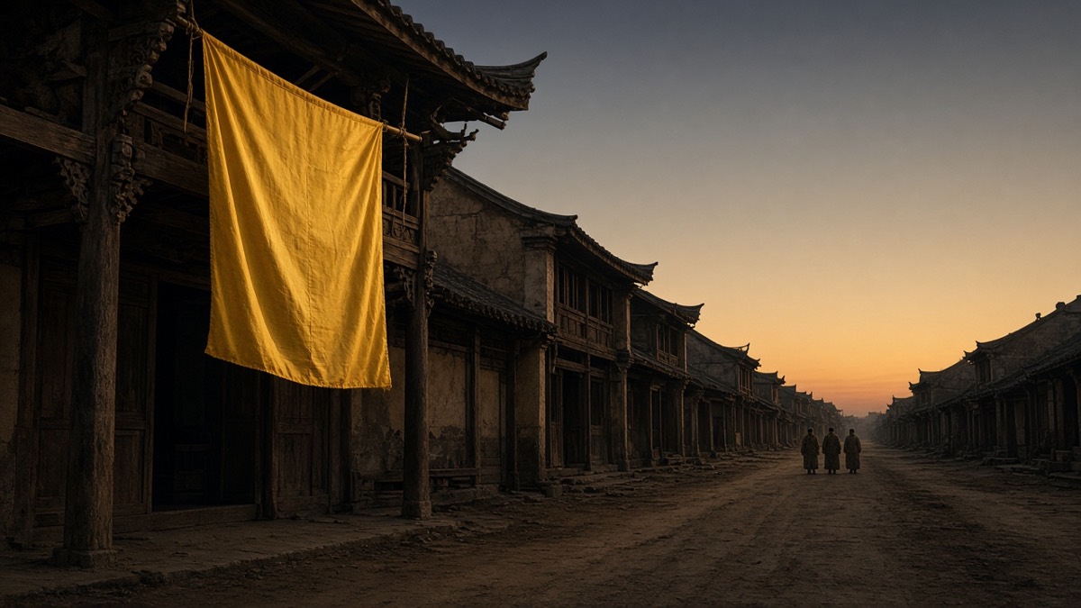 Empty Sabi street at dusk — one yellow banner, two or three tiny chanters
