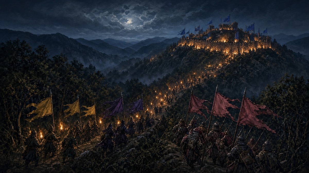 Night hills before Gwansan Fortress: Baekje, Gaya, and Wa camps facing a Silla mountain fortress