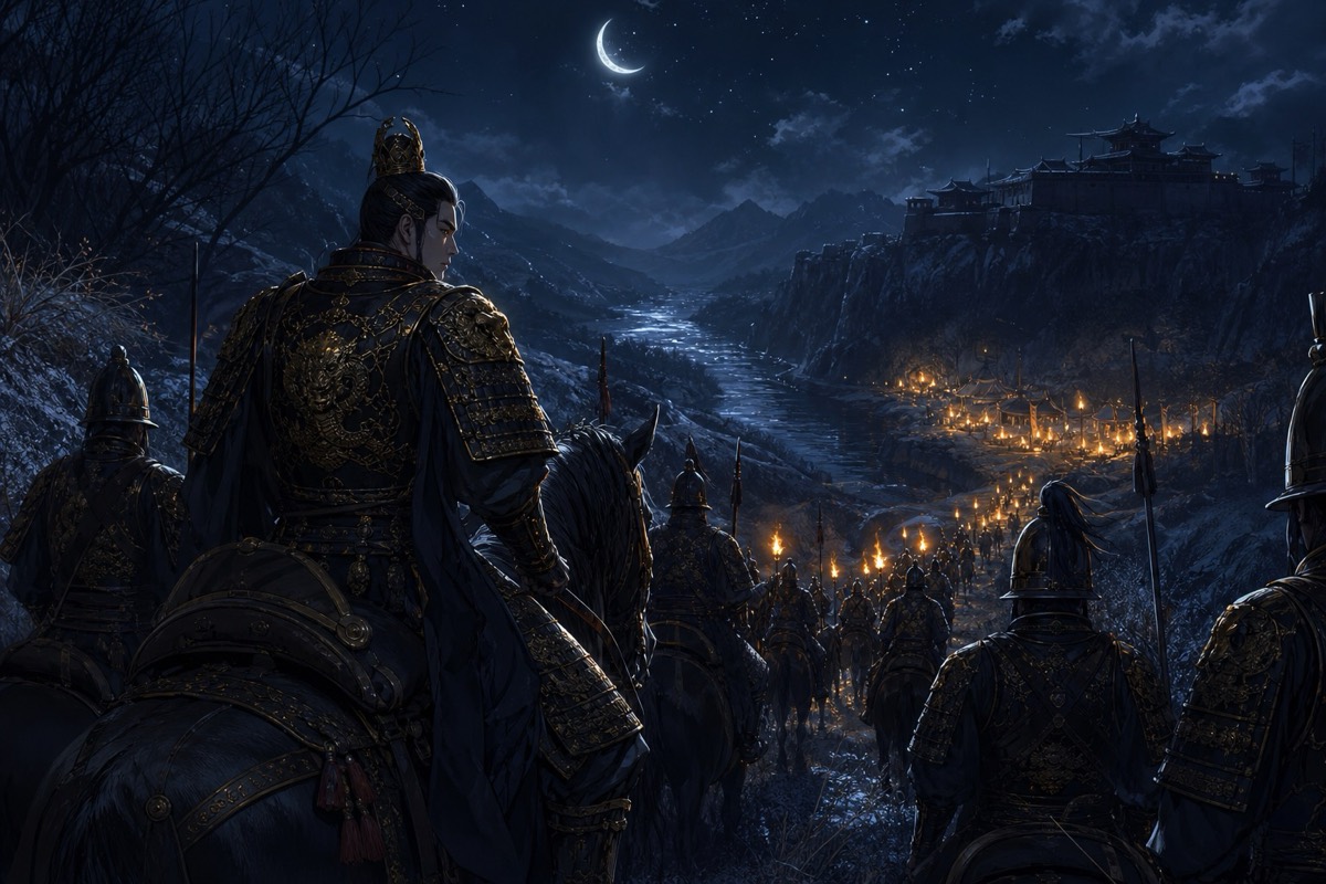 Night before the ditch — Baekje banners and campfires on the hills at Gwansan Fortress