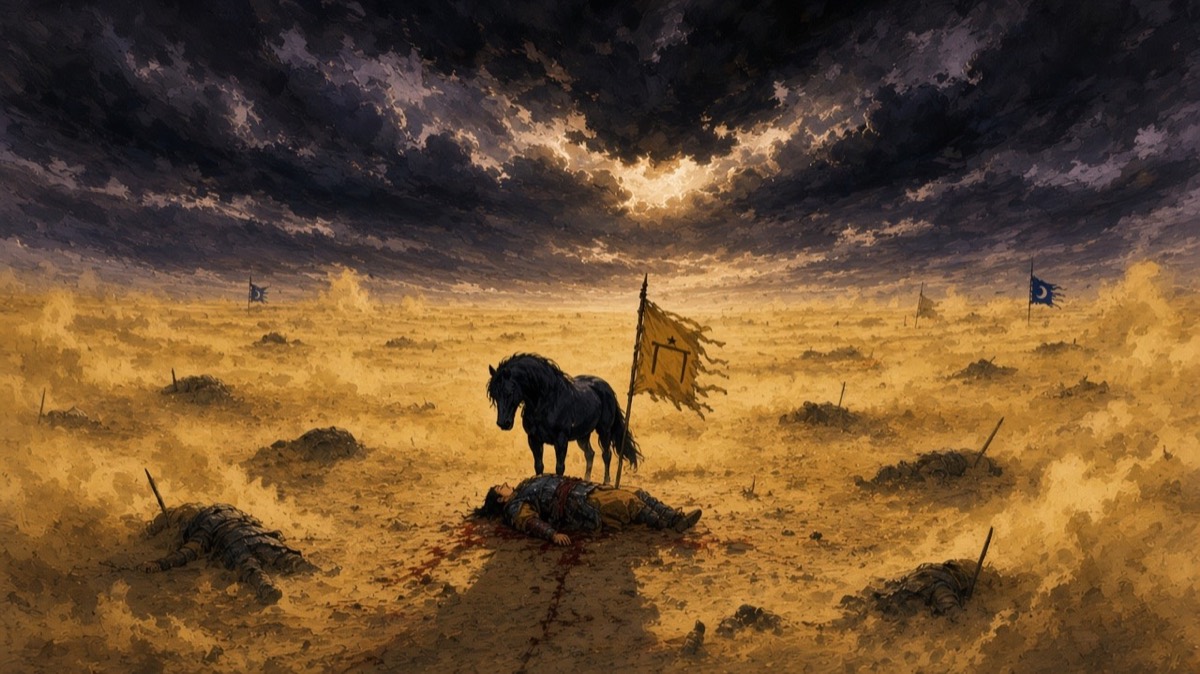 An endless yellow plain at dusk: Gyebek dead in the dust with his black horse standing over him, one Baekje banner leaning on a snapped pole