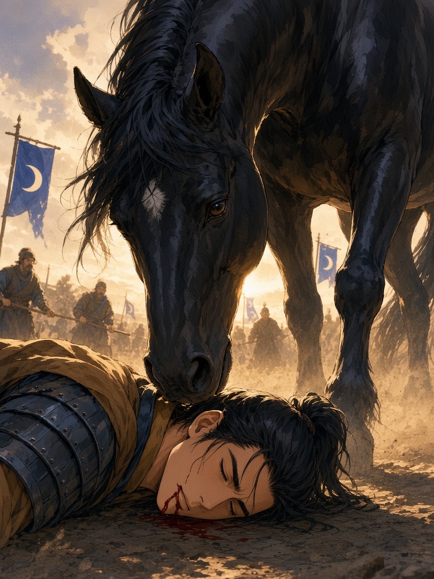 From the dust: Gyebek's still face, and above him the black horse lowering its head