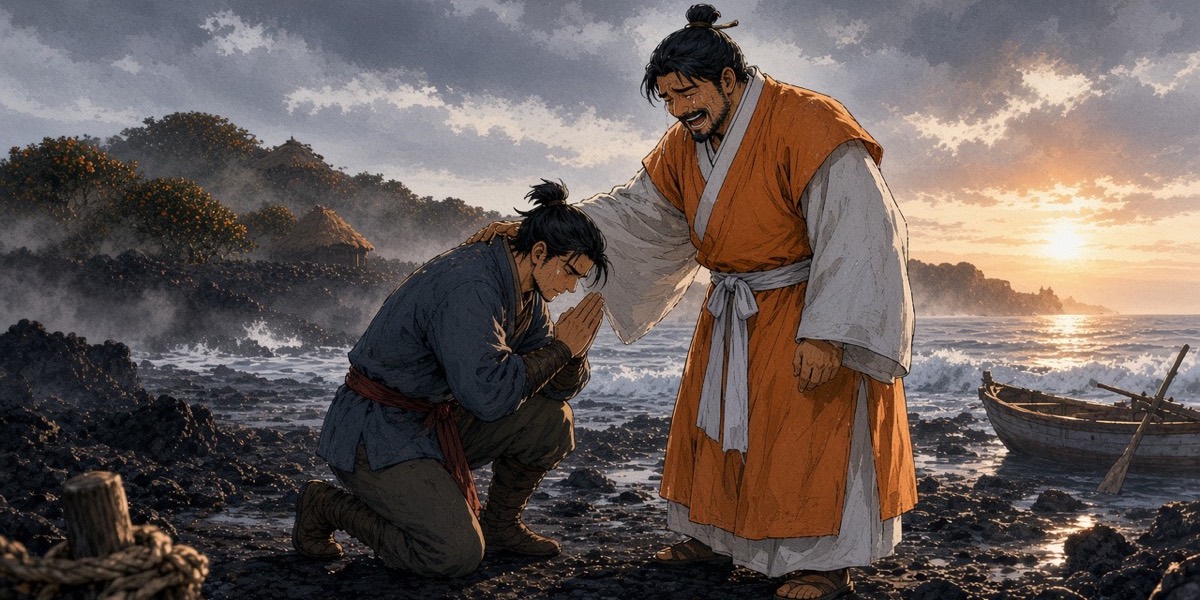 On Tamla's black rocks Gyebek kneels to Yuri Dora, who grips his shoulder, laughing and wet-eyed.