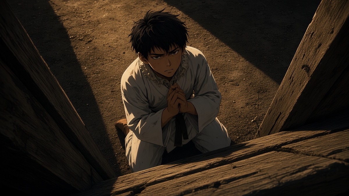 Memory dutch low: the boy begging at a timber gate, dirty noble collar