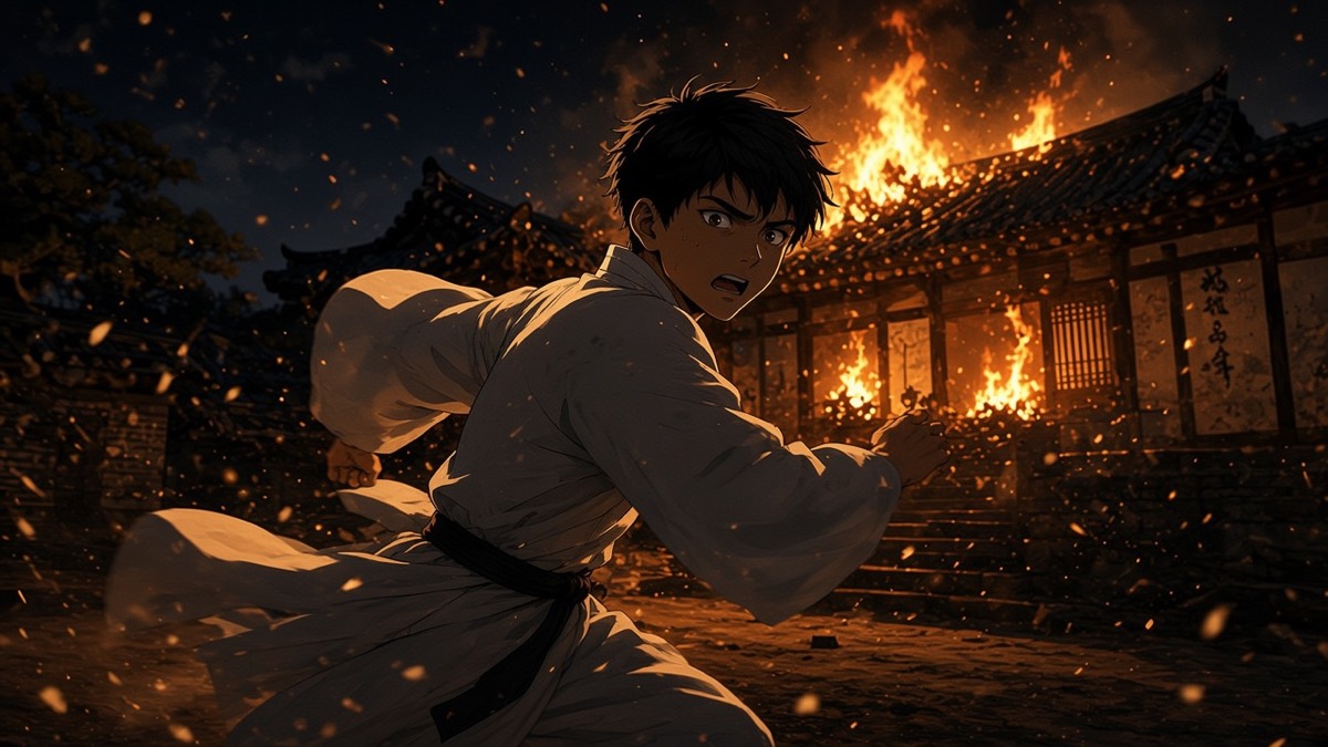Memory: a boy in noble silk running from a burning hanok