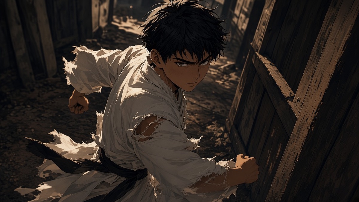 Memory dutch: the boy in torn silk running a timber alley