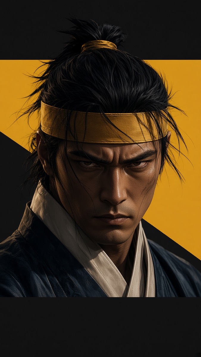 Adult Gyebek’s face filling the frame before the yellow field — gold headband, set jaw, loyalty without hope, painterly cinema.