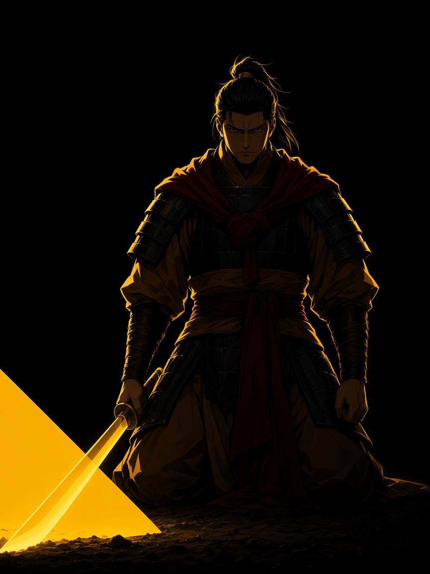 Gyebek kneeling in a black void behind a yellow planted-blade wedge driven into the earth