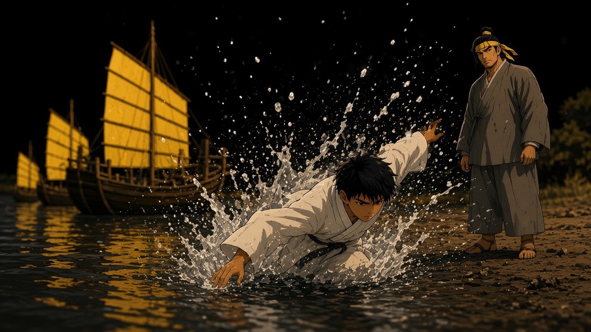 Dutch wide: a boy in white hanbok diving at Baekgang; gray-robed Euija on the bank