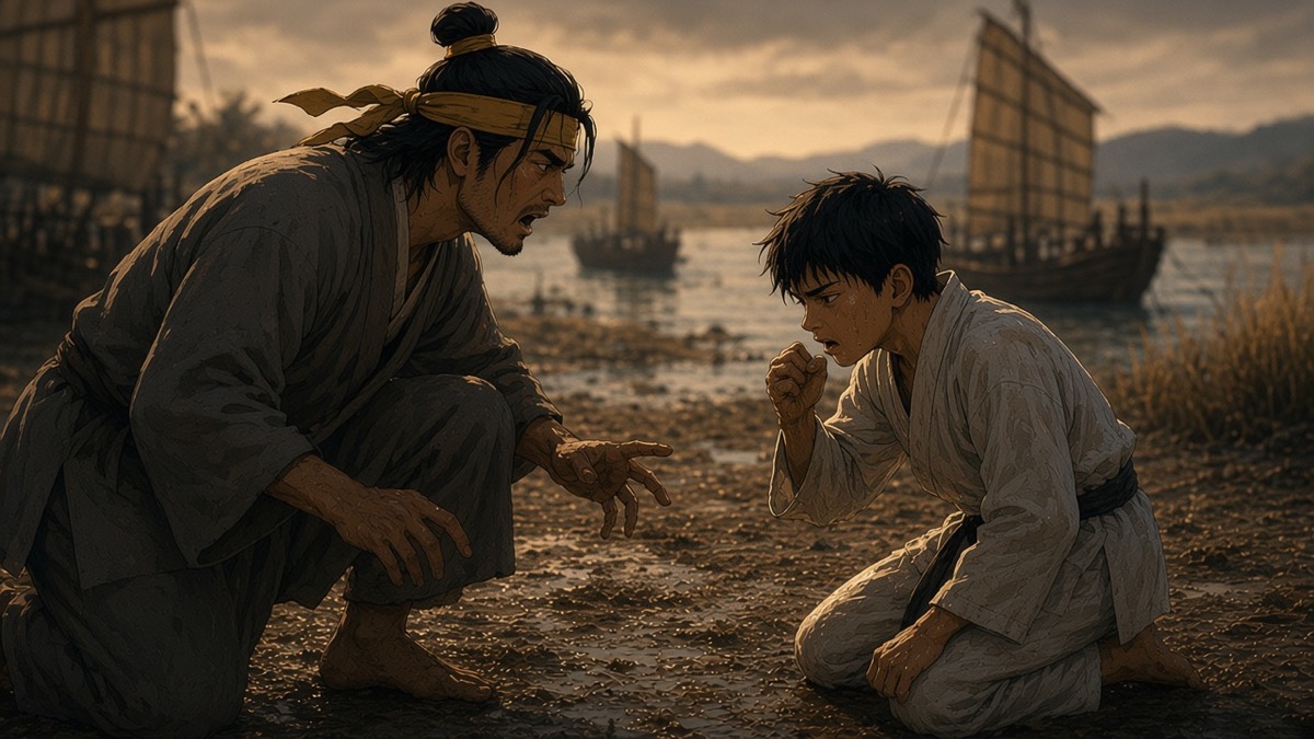 Dutch two-shot: gray-robed Euija naming a kneeling boy in wet white hanbok