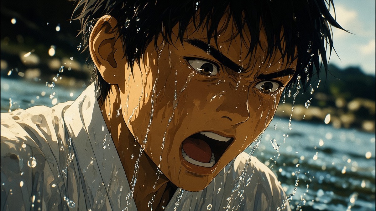 Dutch close: the boy gasping at the waterline in soaked white hanbok