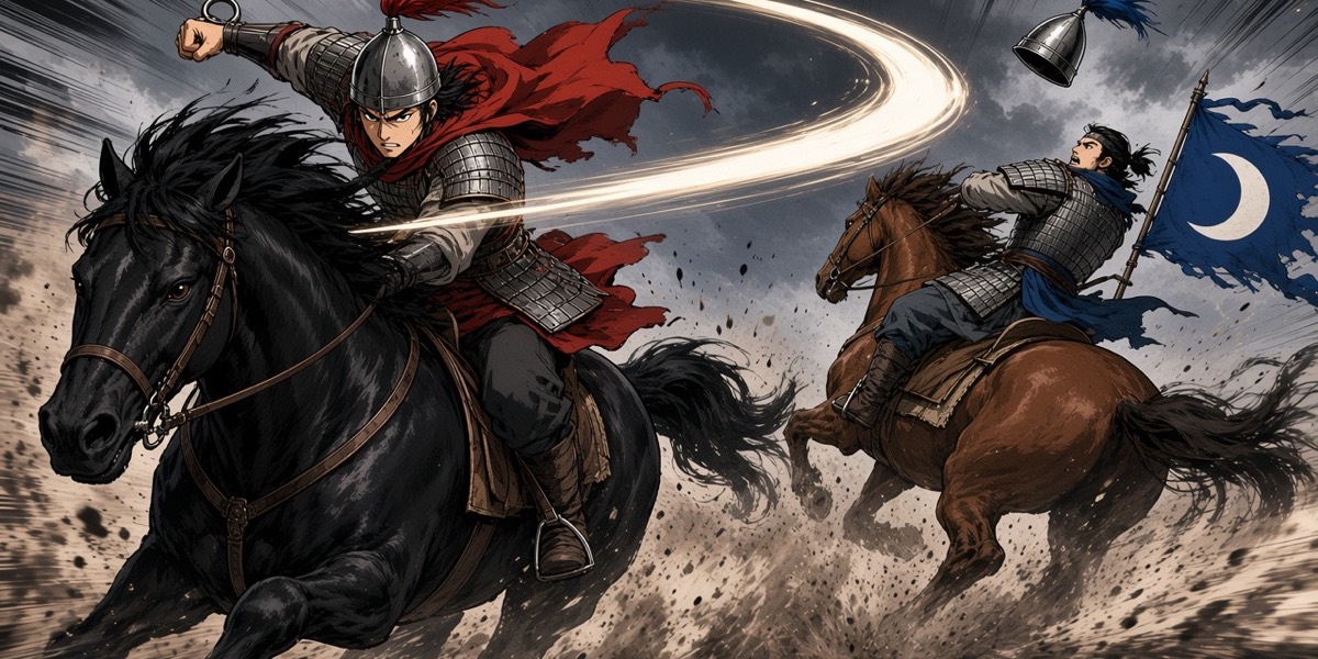 From below, dutch: Gyebek whips through the backhand cut at full gallop, a bright arc and a spinning cone helm overhead, speed lines everywhere