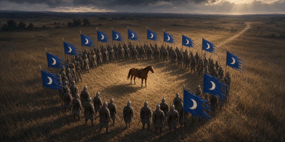 Crane shot down on a halted Silla column: ranks of tiny soldiers under blue banners standing still around one empty ring and a riderless horse
