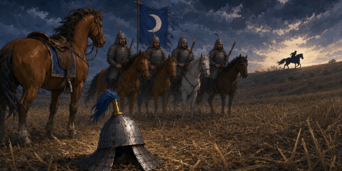 A riderless Silla horse and an empty plumed helm in the stubble; far off on the ridge, the black horse crests and is gone