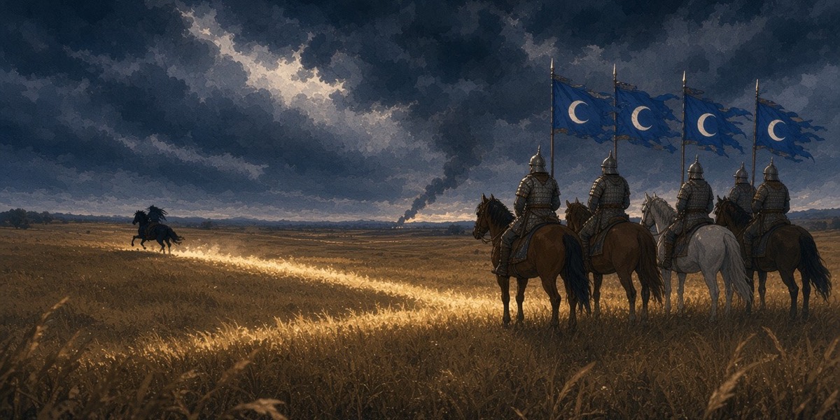 Far wide at storm dusk: a Silla general and his escort on a low rise look the wrong way while a tiny black rider streaks toward them across the empty field, a single line of dust behind him