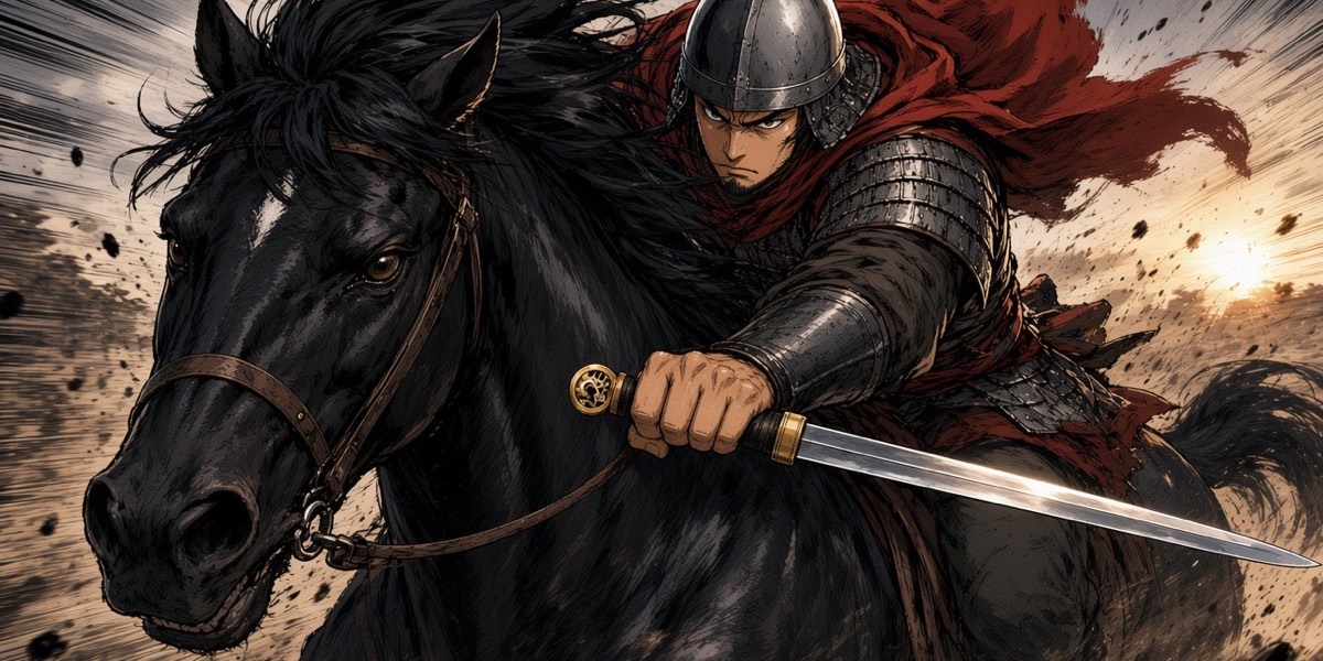 Manga speed-line frame from low in front: Gyebek folded flat along Gomanari’s neck, the reverse-gripped straight blade trailing back, the whole frame streaking