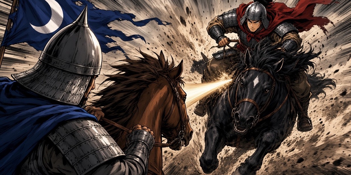 Over the Silla general’s shoulder, dutch and foreshortened: the black horse bursts out of the dust at him inside a ring of focus lines