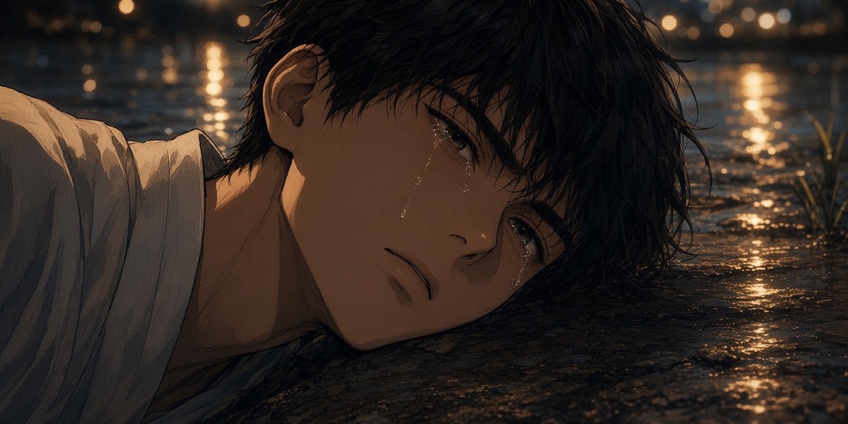 Close: the boy lies on the mud with his eyes open, tears running sideways into the dirt